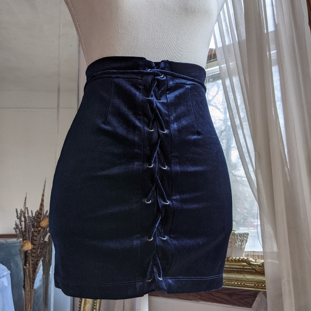 Midnight blue velvet corset lace up mini skirt